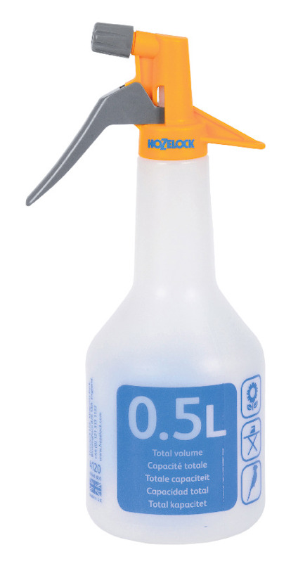 Vit sprayflaska med grått handtag och guldfärgat munstycke, märkt med "HoZELOCK" och "0.5L".