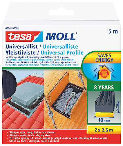 Förpackning för tesa moll universallist med illustrationer av användningsområden och text på flera språk.