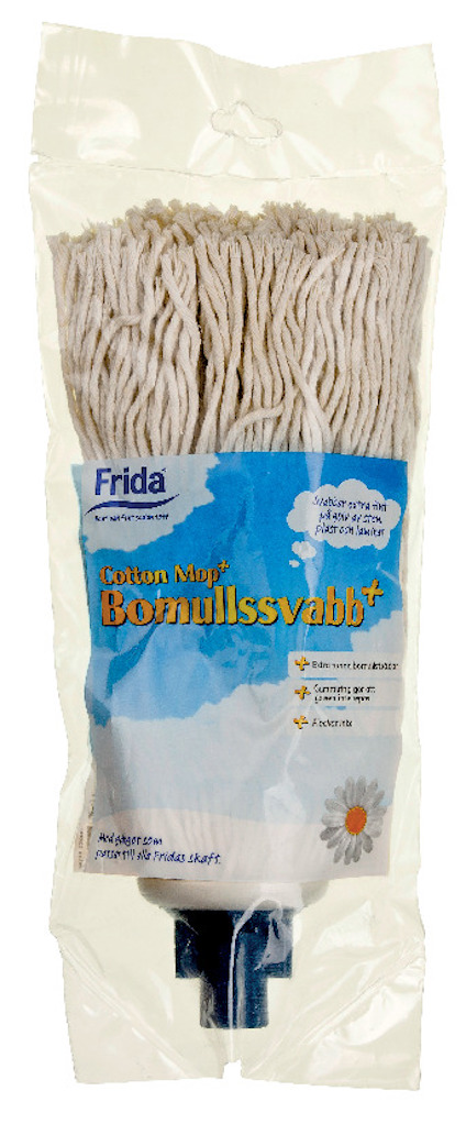 Bomullssvabb i förpackning med varumärket Frida Plus och blå etikett.
