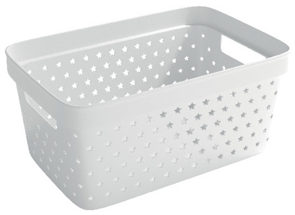 Vit förvaringskorg med stjärnmönster och handtag på kortsidorna.
