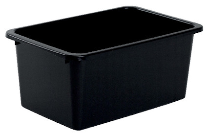 Svart rektangulär förvaringsbox med släta sidor.