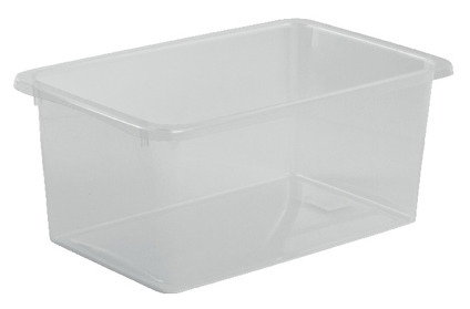 Transparent plastförvaringsbox med lock, rektangulär form.