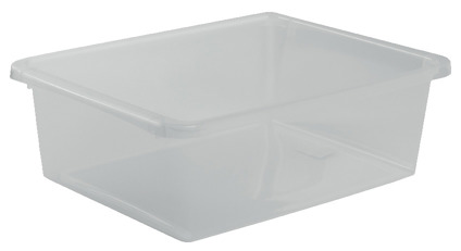 Transparent förvaringsbox med rektangulär form och låg kant.