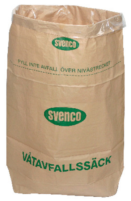 Papperssäck med text "svenco" och "VÅTAVFALLSSÄCK", gjord av papper med plastfoder inuti.