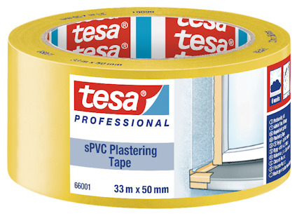 Gul plasttejp från Tesa med text, inklusive "sPVC Plastering Tape" och märkning "Professional".
