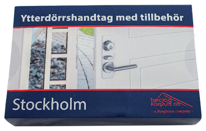 Förpackning för ytterdörrshandtag med texten "Ytterdörrshandtag med tillbehör" och "Stockholm".
