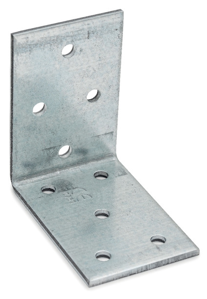 Metallisk vinkelbeslag med flera runda hål, L-format och silverfärgat.