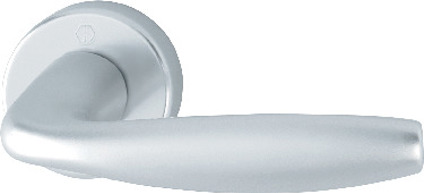 Silverfärgat dörrhandtag med rund rosett och enkel design.