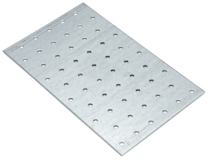 Rektangulär metallplatta med runda hål jämnt fördelade över ytan.