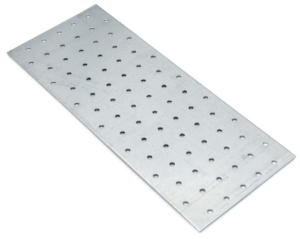 Rektangulär metallplatta med rader av cirkulära hål.