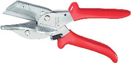 Geringssax med röda handtag och silverfärgat skärverktyg. Text på saxen: "KNIPEX 94 35 215".