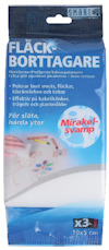 Förpackning med tre fläckborttagarsvampar, märkt med texten "FLÄCKBORTTAGARE" och "Mirakelsvamp".