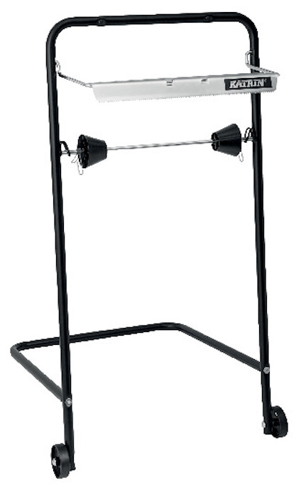 Ställning för torkpapper med svart ram och hjul, märkt "KATRIN".