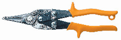 Plåtsax med grå metallblad och orange plasthandtag, märkt "WISS" och "M3".