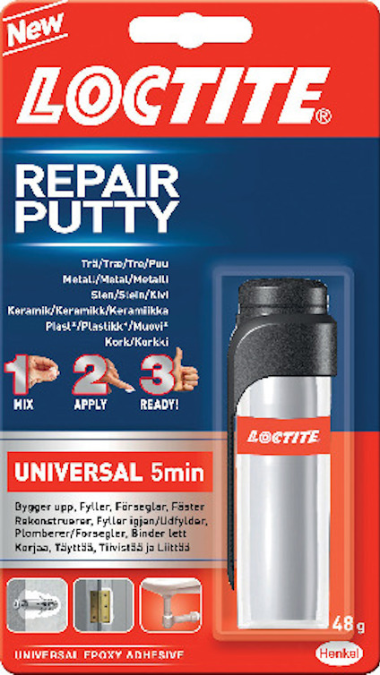 Förpackning av Loctite universal reparationsmassa, 48g, med instruktioner för blandning, applicering och färdigställande.