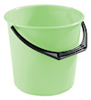Grön hink med svart bärhandtag, cylindrisk form.