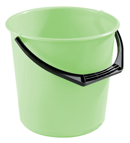Grön hink med svart bärhandtag, cylindrisk form.