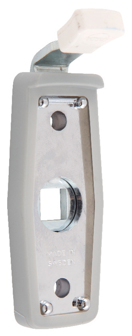 Handtag med metallplatta och grå hölje, vit plastknapp på toppen, text "MADE IN SWEDEN".