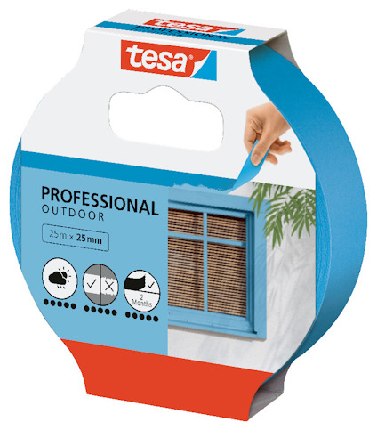 Förpackning för blå maskeringstejp av märket Tesa, med texten "Professional Outdoor".