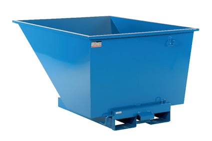 Blå tippcontainer i metall med rektangulär form och öppning upptill, stående mot en vit bakgrund.