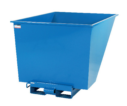 Blå tippcontainer med rektangulär form och öppning upptill. Robust konstruktion med stålram och etikett på framsidan.