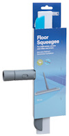 Golvskrapa med grå plasthandtag och blå förpackning med texten "Floor Squeegee".