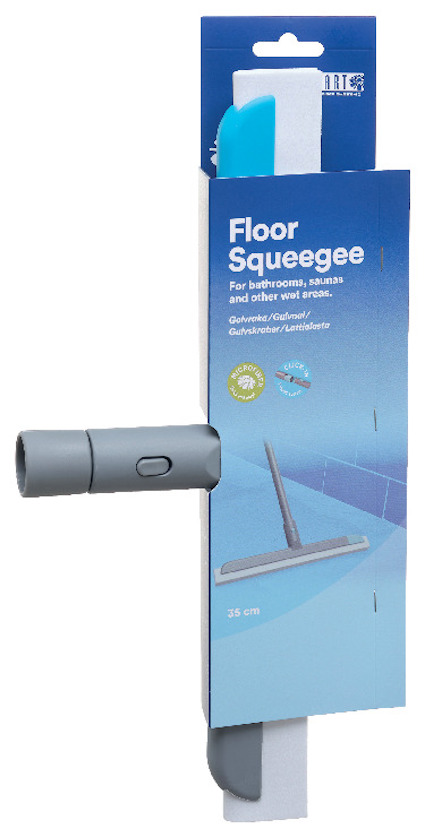 Golvskrapa med grå plasthandtag och blå förpackning med texten "Floor Squeegee".