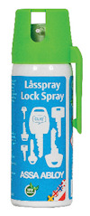 Sprayburk med grön kork och etikett som visar nycklar och texten "Låsspray Lock Spray ASSA ABLOY".