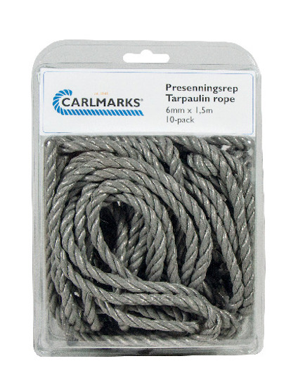 Förpackning med gråtvinnat rep i en plastlåda, etikett med texten "Presenningsrep Tarpaulin rope" och varumärket "Carlmarks".
