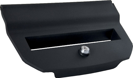 Svart låslock med en cylindrisk låsdetalj i mitten.