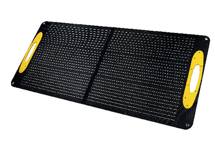 Svart solpanel med gult handtag på varje sida och två sektioner.