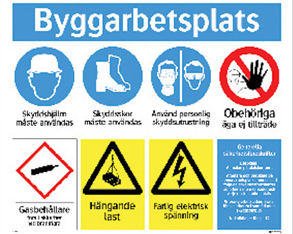 Skylt med olika säkerhetsanvisningar för byggarbetsplats, inklusive symboler för skyddshjälm, skyddsskor och varningar för hängande last.