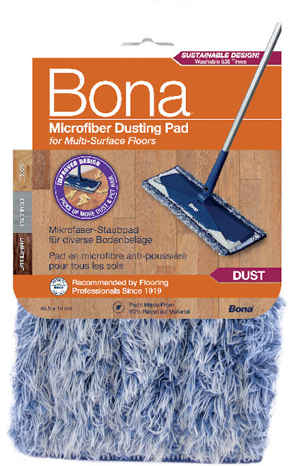 Förpackning med Bona-dammopp av mikrofiber för olika golvytor, med bild av en mopp och text på flera språk.