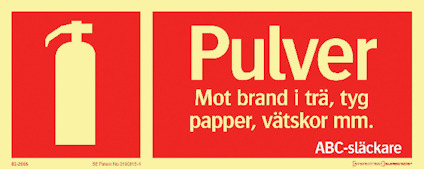 Röd och gul brandskylt med texten "Pulver Mot brand i trä, tyg papper, vätskor mm. ABC-släckare" och en symbol av en brandsläckare.