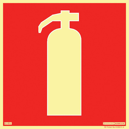 Röd skylt med gul siluett av en brandsläckare.