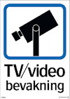 Övervakningskameraikon med texten "TV/video bevakning" i svart på vit bakgrund och blå ram.