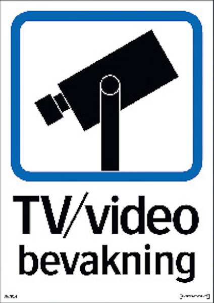 Övervakningskameraikon med texten "TV/video bevakning" i svart på vit bakgrund och blå ram.