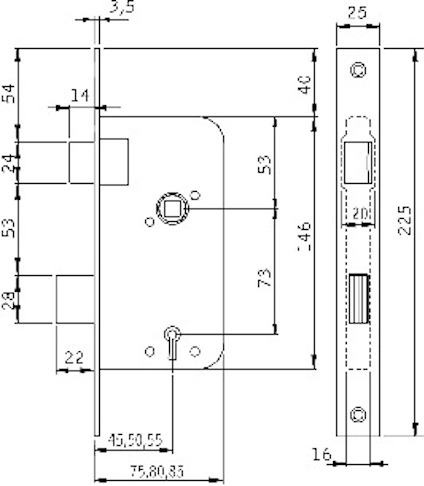 Ritning av ett låshus med måttlinjer och dimensioner i millimeter.