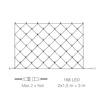Nät med LED-lampor i en rutnätsdesign. Inkluderar illustration av anslutningar och texten "Max 2 x Net" samt "168 LED, 2x1,5 m + 3 m".