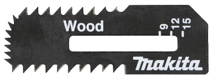 Sågblad med tandad kant, svart bakgrund och texten "Wood Makita" samt markeringar för 9, 12, och 15.