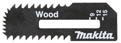 Svart sågblad med tänder, märkt "Wood" och "Makita", numrerat 9, 12, 15.