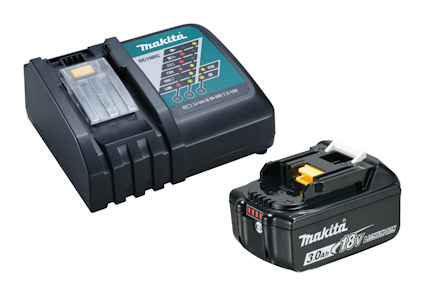 Batteri och laddare från Makita, 18V, svart design med märkning och indikatorer på ovansidan.