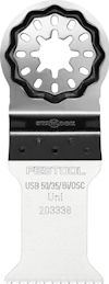 Sågblad med tandad skärkant och stjärnformad anslutning. Märkt "Festool", "USB 50/35/Bi/OSC", "Uni", "203338".