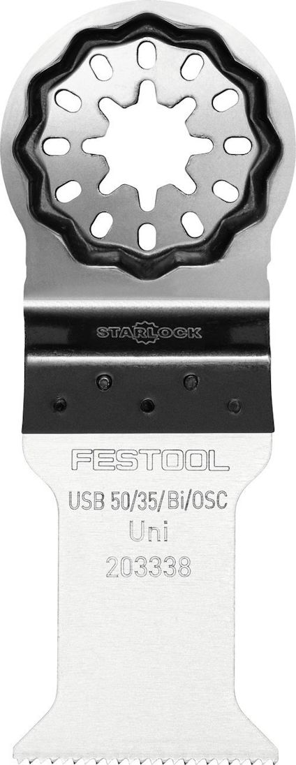 Sågblad med tandad skärkant och stjärnformad anslutning. Märkt "Festool", "USB 50/35/Bi/OSC", "Uni", "203338".