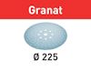 Rundt, perforerat slippapper med texten "Granat" i röd ruta ovanför och "Ø 225" under.