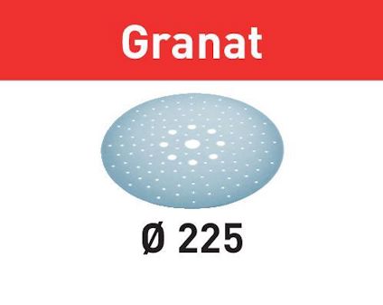 Rundt, perforerat slippapper med texten "Granat" i röd ruta ovanför och "Ø 225" under.