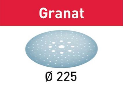 Rund slippapper med hål, text "Granat". Diameter 225 mm.