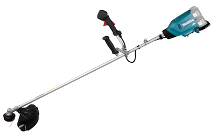 Grästrimmer med blå och svart motor, svart handtag och långt silverfärgat skaft.