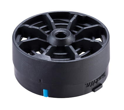 Cirkulärt svart filter med en blå detalj, märkt med "Makita".