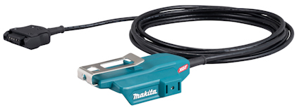 Batteriadapter med sladd och anslutningskontakt, blå och svart design. Märkt med "Makita" och "XGT".